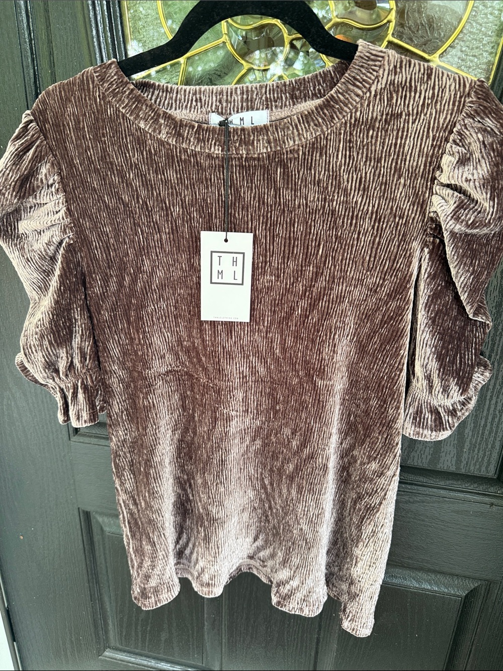 THML Chocolate Brown Velvet Puff Sleeve Tunic